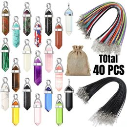 Totaal 40 pc's zeshoekige chakra kristallen kogelvorm edelsteen hanger ketting kwarts met lederen kettingketting en opbergzak 240408