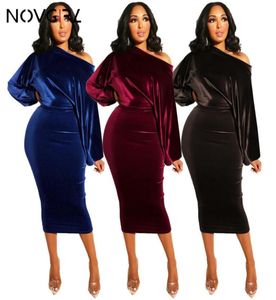 Totatoop Off Schouder Midi Jurk vrouwen Puff Sleeve High Taille Bodycon Pencil Jurk Nigh Club Party Velvet Jurken Vestidos5343536