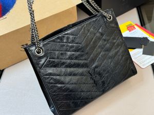 Tote handtas, hoogwaardig zwart label NIKI-serie retro ketting geplooide boodschappentas met grote capaciteit