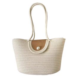 Bolso de mano de gran capacidad para mujer, bandolera Simple a la moda, cuerda de algodón, hebilla de perla, bolso tejido de paja portátil