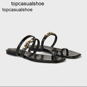 Toteme Nouvelles chaussures de mode Summer décontracté minimaliste authentique pantoufles en cuir confortable crocodile motif plat plie de fond d'orteil pour les femmes