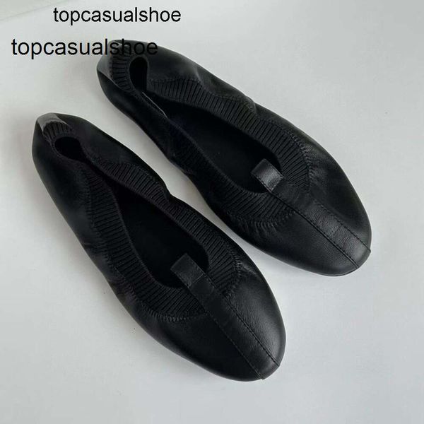 TOTOME Rib Designer Zapatos elásticos de piel de oveja 22 Black Up Lace Spring Stock Style Cabeza redonda Ballet Zapatos
