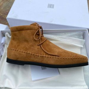 Toteme suède damesschoenen mocassinlaarzen modieuze lichtgewicht casual hoge schoenen niche platte bodem vierkante neus veterschoenen korte laarzen