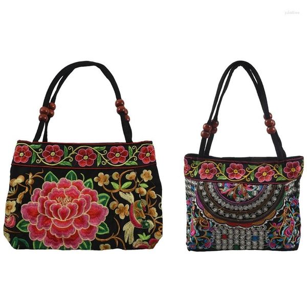 TOTES -2 PCS BABJE DE MUJER BORDERO ETTNIC Summer Flores hechas a mano Damas Bolsos de hombro Peony rojo cruzado