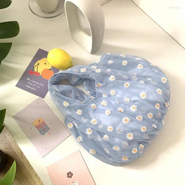 Totes 2024 primavera mujer pequeño bolso transparente bolso de tela de malla bolso bordado de margaritas bolso de fruta ecológica de alta calidad para niñas