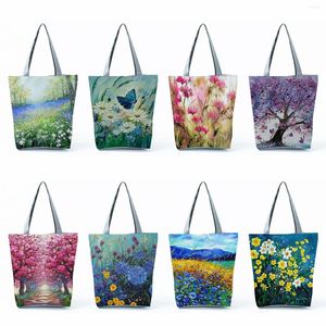 Totes Art Plant Design Eco Reutilizable Mujeres Pintura al óleo Bolsos con estampado floral Bolsas de compras Bolsa de playa de viaje Casual de alta capacidad