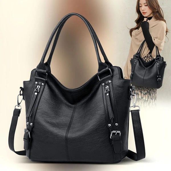 Bolso de totes Mujer 2024 Estilo Cuero Motocicleta Moda Atmósfera Lugar de trabajo Pañal Cuero de vaca Hombro de mano-