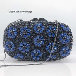 Totes Blue Champagne Flower Stone Woman Clutch Bag Diamond Crystal Banket Verjaardagscadeau Avondportemonnee Metaal Bruiloft Bruidshandtas