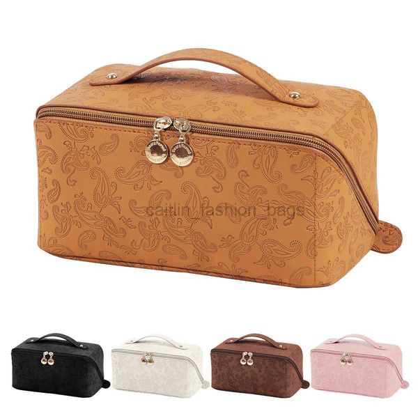 Totes Sac de maquillage floral de grande capacité en relief marron Toilette de voyage biologique imperméable en cuir PU avec accessoires caitlin_fashion_ sacs