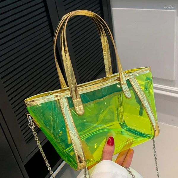 Totes Casual Femmes PVC Transparent Sac à provisions Rose Vert Néon Grande Capacité Seau Transparent Étanche Lettre Chaîne Sacs À Bandoulière