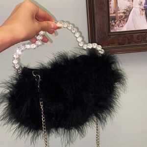 Totes Diamant Poignée Sac De Soirée Autruche Fourrure Embrayage Bourse Femmes Designer Chic Strass Noir Portefeuille De Mariage Sac À Main