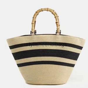 Totes Moda casual Bolso de mujer hombro color a juego rayado str bolso de mano con asa de bambú PP hierba tejidostylisheendibags