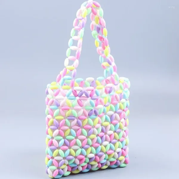 Totes Moda Colorido Bolso tejido con cuentas Personalizado Hecho a mano Fresco Dulce Color mezclado Ahueca hacia fuera Bolsos de hombro de acrílico para mujer