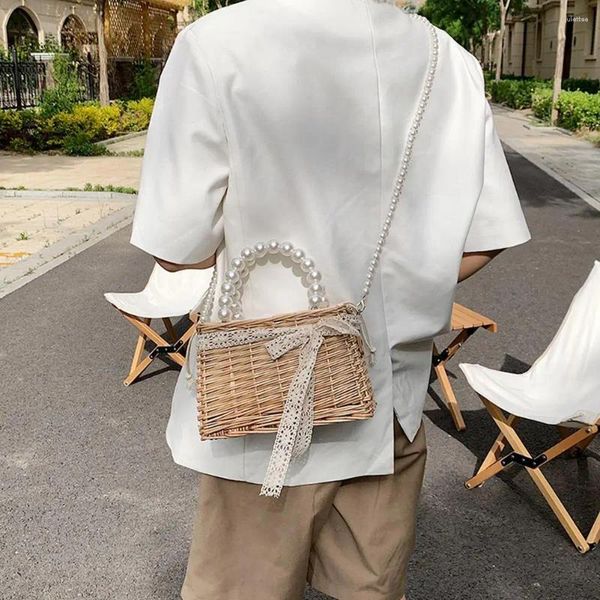 Totes Fashion Rattan Lace Bag Pearl Shoulder Basket Drawstring Tote Bols