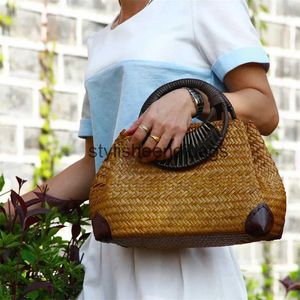 Totes Mode sac à main pour femme f version thaïlandaise du sac de paille rétro vase sac de vigne voyage sac de plage poignée en bois de bambou sac à mainH24218