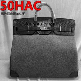 Totes sac à main en cuir véritable L 50 cm Hac peau de crocodile noir Patchwork mouton tissu de laine collant grand sac de voyage