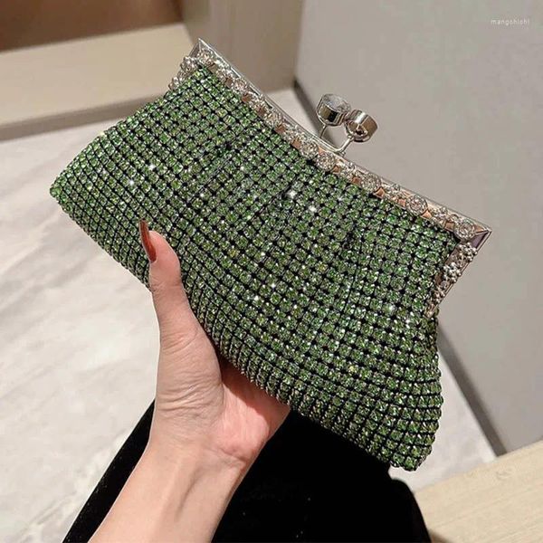 Totes Monederos verdes brillantes con diamantes de imitación para mujer, bolso de noche formal para fiesta de boda, bolso nupcial, bolso de mano con cierre superior doble