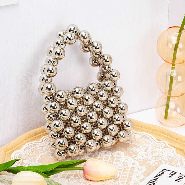 Totes Kawaii Bow Silver Mini Pearl Bolso Nuevo Diseñador elegante Cute Hollow Out Beads Monederos y bolsos para mujeres Wedding Party 230509