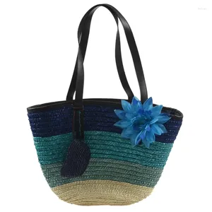 Totes - Sac de paille tricoté fleur d'été mode bohème sacs à main pour femmes rayures colorées sacs à bandoulière plage grands sacs fourre-tout (bleu)