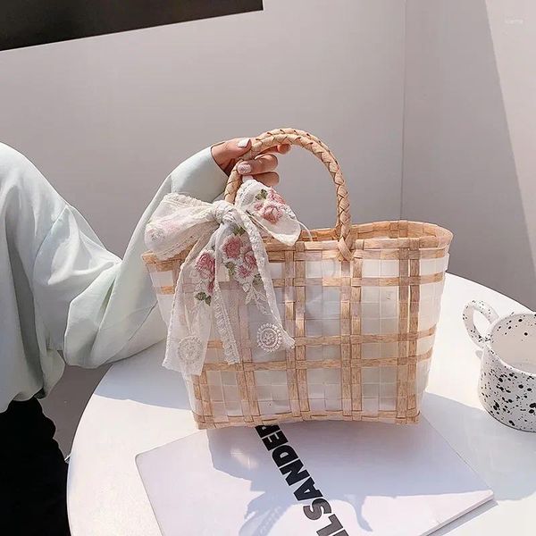 Totes Lace Transparent Woven Sac grande capacité Femelle Summer 2024 Fashion Portable Vegetable Panier plage