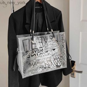 Totes dames sac fourre-tout transparent Graffiti grande capacité sac à bandoulière PVC gelée sac transparent mode sac à main de plage pour les femmes HKD230823