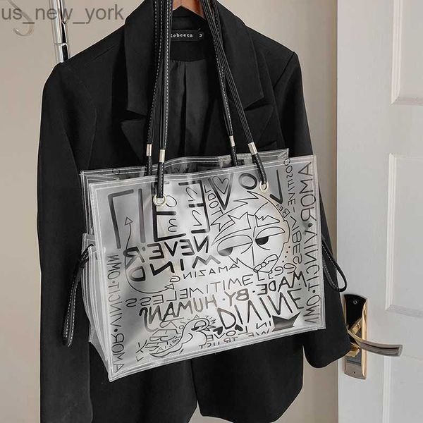Totes Dames Sac fourre-tout transparent Graffiti Grande capacité Sac à bandoulière PVC Jelly Clear Bag Fashion Beach Sac à main pour les femmes HKD230822