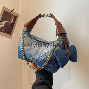 Totes Designer de luxe Chaîne de verrouillage Denim et PU Plaid matelassé Sac à main pour femme Jeans Sac à bandoulière rétro Petit fourre-tout Hobos H240330