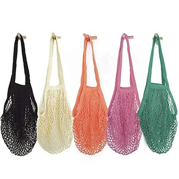 Totes bolsas de malla cuerda de algodón produce tortugas de compras comestibles mango largo de la red de hombro fruta reutilizable