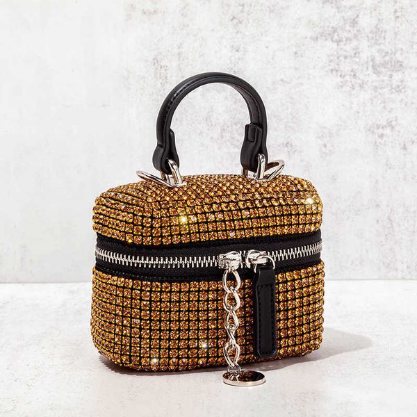 Totes Mini Gold Rhinestone Box Bolso Nueva Moda de lujo Cadena linda Lápiz labial Diamantes brillantes Hombro Crossbody Bag Alta calidad 230509