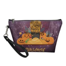 Totes Nuova borsa portaoggetti per Halloween Borsa piatta per trucco da donna Portafoglio stampato con motivo zucca personalizzato14blieberryeyes