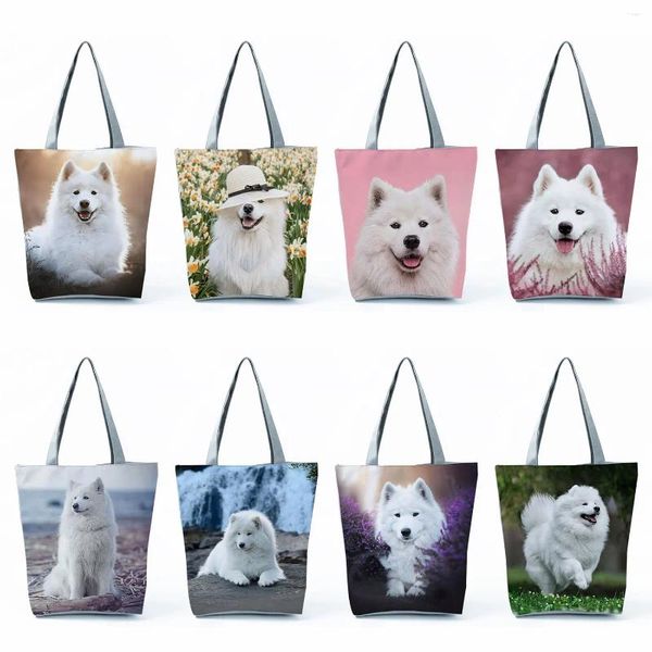 Totes Bolsos portátiles con estampado de perro Samoye, bolsos de mano informales para ir al trabajo, bolsos de mano para mujer, viajes, playa, compras de animales de alta capacidad