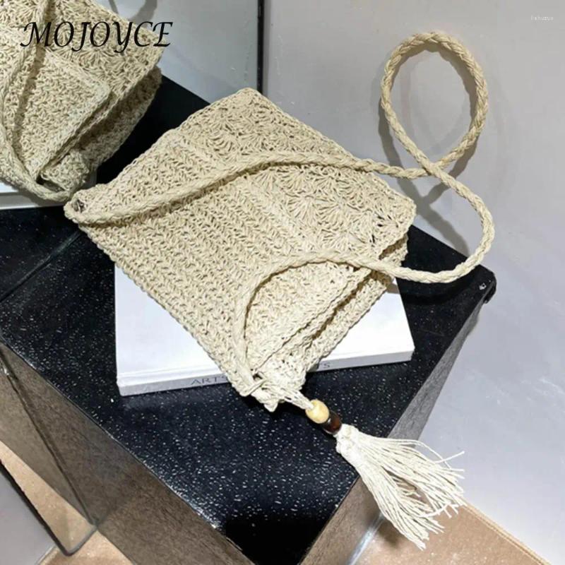 Totes Summer Beach Vacation Bags With Tassels Straw Crossbody Purse Handmade Casual Simple Flap Pocket Hollow-out For Seaside Holiday