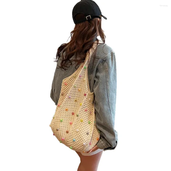 Bolsas bolso de perlas de verano bolso de hombro tejido para mujeres inspt boates compras de compras simples bolsas de playa de malla hueco tejido