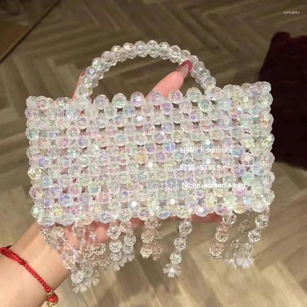 Totes Verano Personalizado Colorido Borla Diseño Bolso de mujer Moda Fantasía Acrílico Tejido Bolso Flor Decoración Bolsas con cuentas