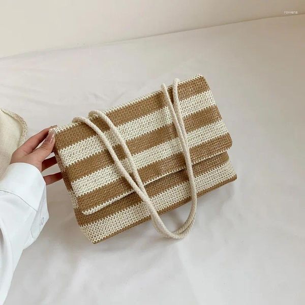 Totes Summer Stripe Contrast Minimalist Beach Bag Sac à main la mode Fashion Fonctionnelle Woven Women's Grass