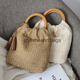 Sacs à main d'été avec poignée en bois, sacs de paille tissés bohème pour femmes, fourre-tout de voyage, sac de plage en rotin, pochette à pompon, ChicH24219, 2023