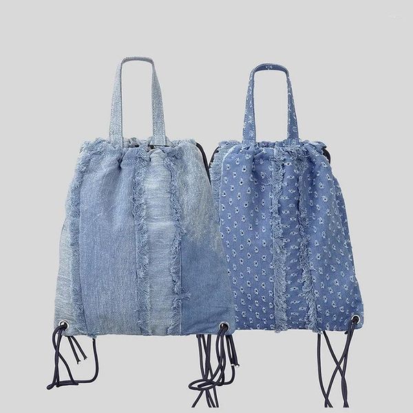 Totes Tie Dyed Denim Cordón Mochila Casual Borla Lona Versátil Deportes Bolso de las señoras Moda Simple Bolso de hombro de las mujeres