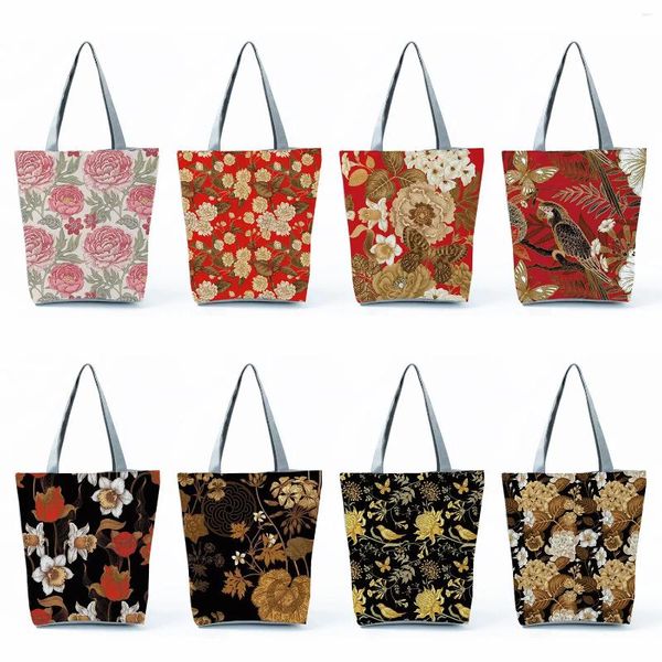 Totes Tote Travel Eco Reutilizable Personalidad Bolsos de almacenamiento casuales Bolsos de hombro plegables Colores brillantes Arte Estampado floral Bolsa de compras