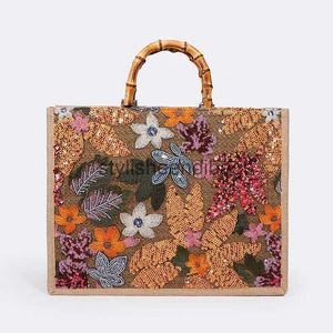 Sacs à main Vintage avec poignée en bambou pour femmes, fourre-tout brodé à paillettes, fourre-tout décontracté en lin, grande capacité, sac de plage d'été, grand sac à main fémininstylestylisheendibags