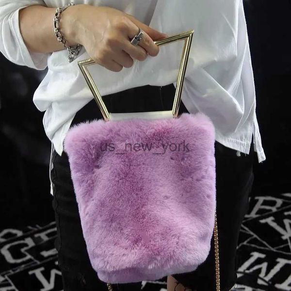 Totes Fashion hivernale Métal de manche irrégulière Sac Couleur de bonbons Mini seau Femmes Faux Rabbit Fur Soirée Shoundbag Chaîne crossbody Purse 240407