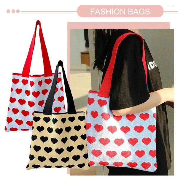 Bolsos de mano para mujer, bolso estético de gran capacidad con estampado de corazón, bolso de mano de ganchillo, bolso de compras de punto versátil, hombro diario de retales