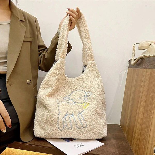 Totes femmes agneau comme sac à bandoulière en tissu Simple toile sac à main fourre-tout grande capacité broderie Shopping sacs de livre mignon pour les filles