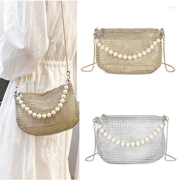 Totes Mujeres Rhinestone Perla Manija Brillante Bolso de noche Boda Embrague Cóctel Fiesta de graduación Bolso Cadena Crossbody Hombro