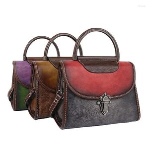 Totes Damesmode Echt leer Vintage Handleiding Kleuren Flap Handtas Schoudertas CrossbodyBag Kantoor Dagelijks