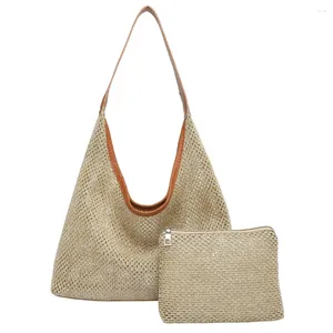 TOTES Femmes Sac fourre-tout tissé Paille Sacs de plage d'été Embrayage de grande capacité avec une petite pochette Couleur massive à main haut de main