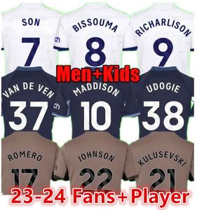 Tottenham 23 24 Kane Son Richarlison Soccer Jerseys Pedro Porro Kulusevski Hojbjerg Away Perisic Danjuma Romero Kit de football kit Bentancur Men Kids Set666