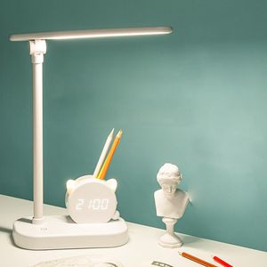 Lampe de bureau à commande tactile avec horloge, veilleuse et pot de brosse à intensité variable pour table, chambre, chevet, bureau, étude