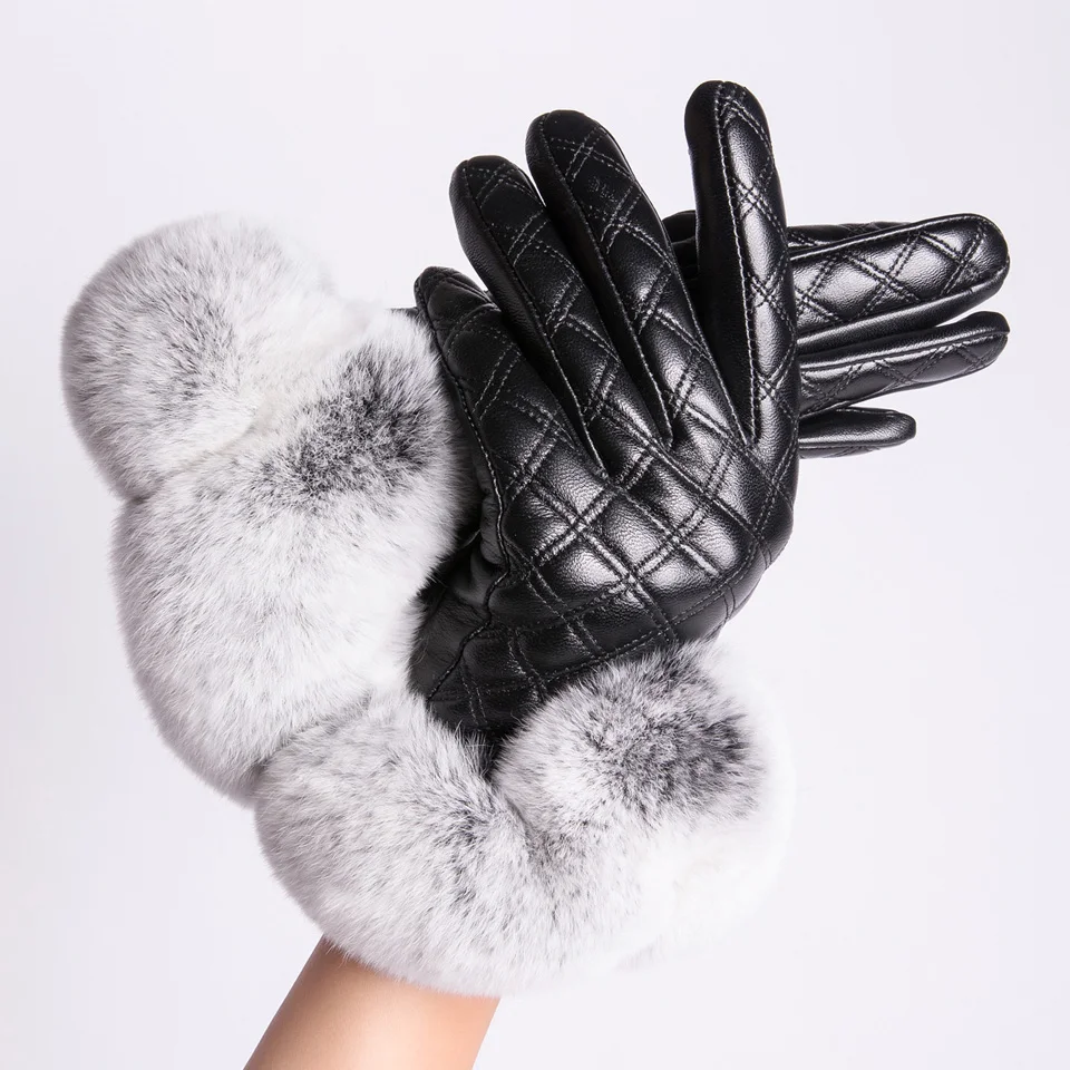 女性のためのタッチスクリーングローブ冬の暖かい本物の革の手袋エレガントな女性のための本物の毛皮の羊皮
