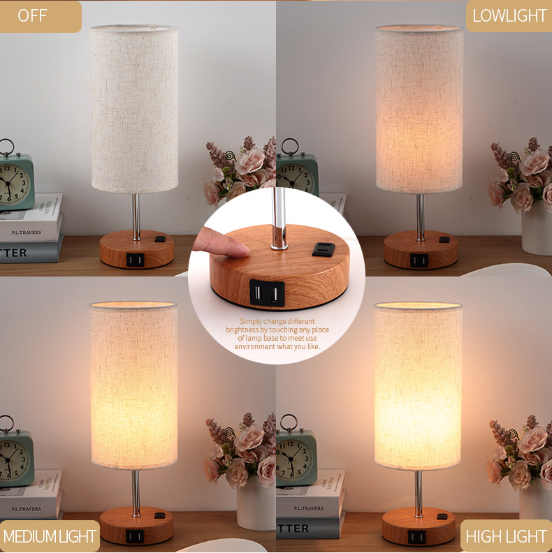 Lampa stołowa dotykowa USB Lampa stołowa LED LED Trzy biegcie ściemnianie sypialni lampa sypialnia tkanina tkanina dekoracyjna lampa prosta