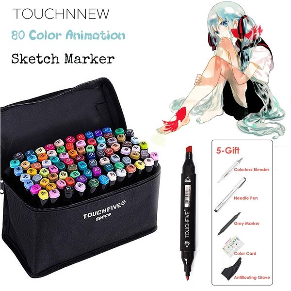 TOUCHNEW 80 Color Animation Marker Pen Set Drawing Sketch Markers Dulal Tips Base de alcohol Black Body Art Supplies con 5 regalos Y200709